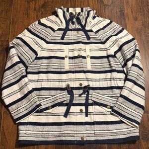 Loft Breton Nautical Anorak Jacket Women Size M Preppy Blue Striped Cinch Waist
